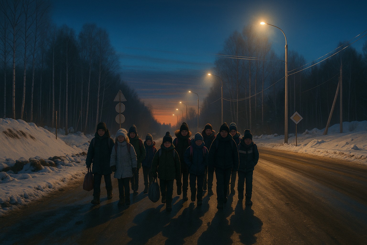 полярная ночь, дети идут по улице, фонари