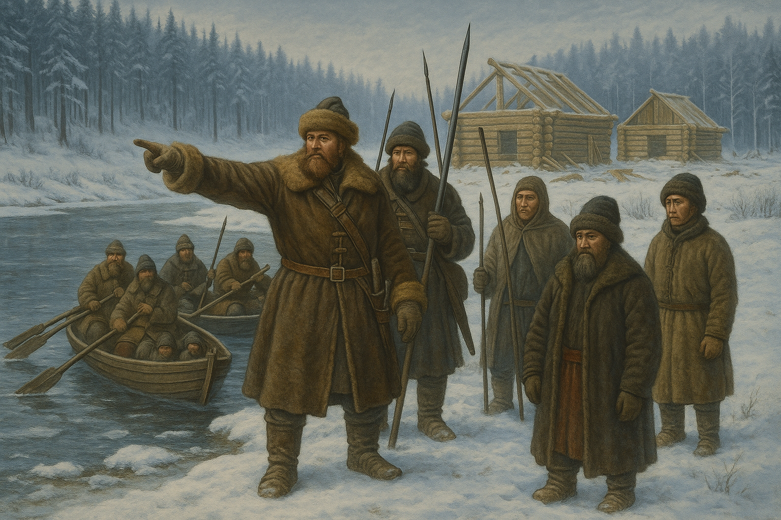 Группа казаков в зимней одежде спускается на лодках к берегу. лес и белая тайга, деревянные срубы, которые только начинают возводить. местные якуты, наблюдающие за прибытием.
